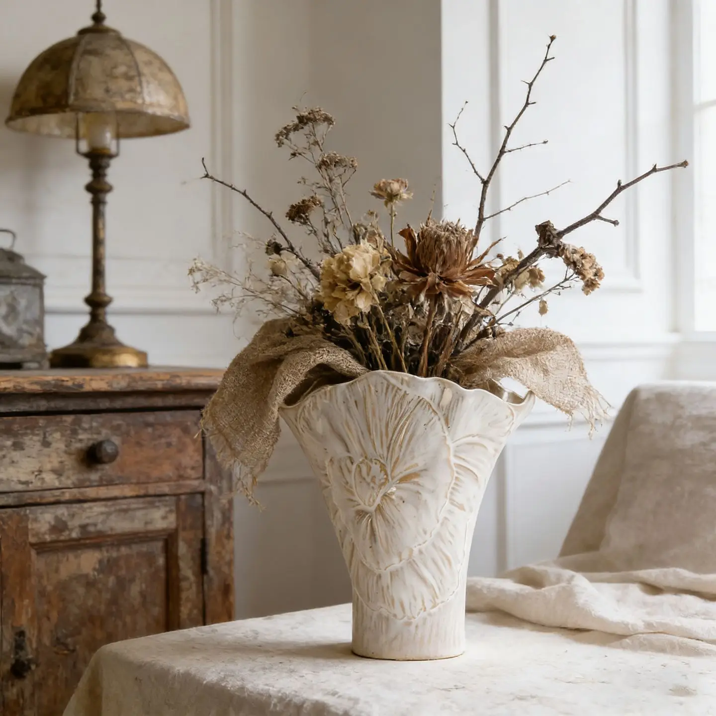 Floral Petal Relief Ceramic Vase Bookshelf Entryway Decor Modern Nordic Art Flower Pot Wabi Sabi Dried Floral Table Ornament