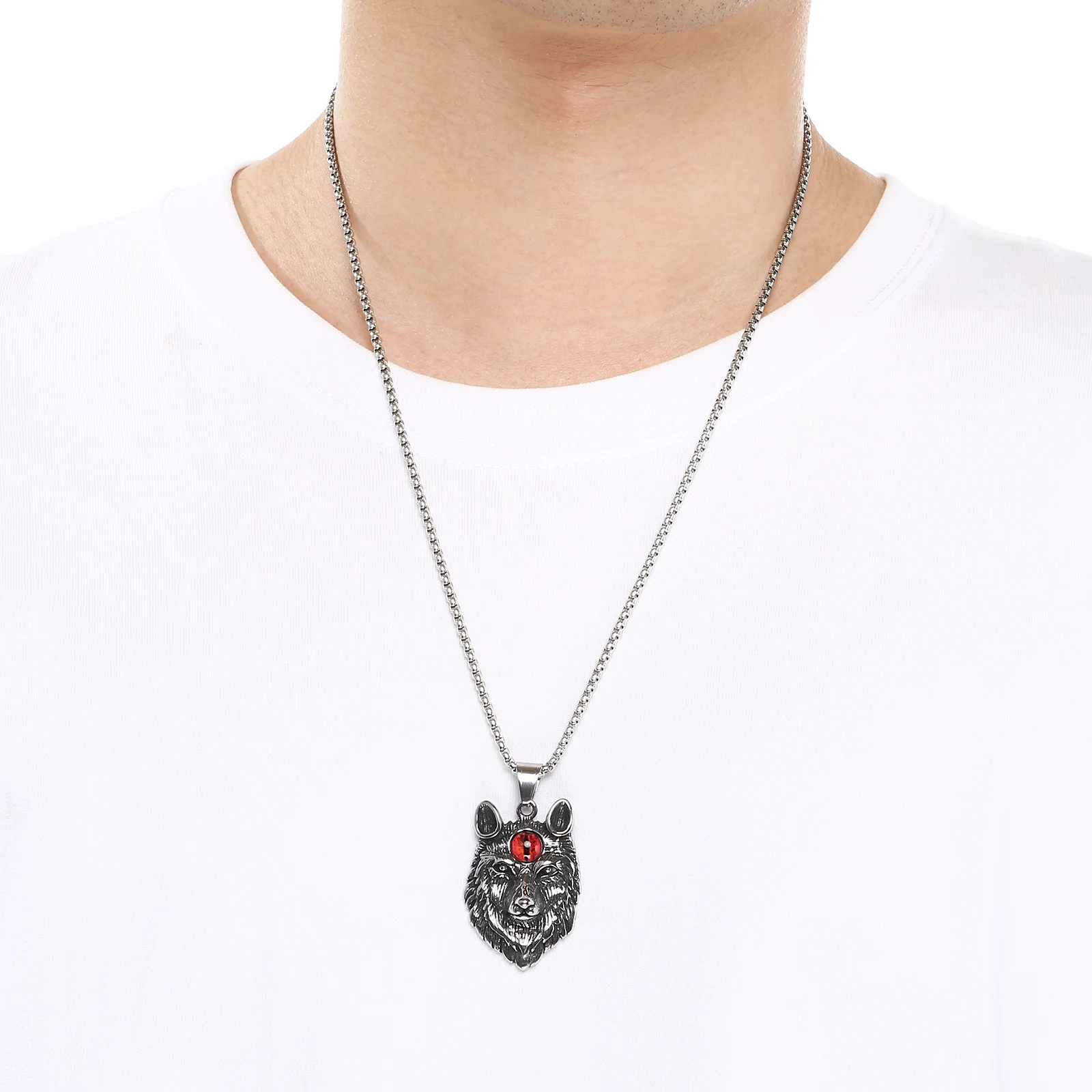 Fongten Men Retro Punk 3D Wolf Head Red Eyes Stainless Steel Pendant Necklace Hip Hop Chain Fashion Jewelry Party Halloween Gift