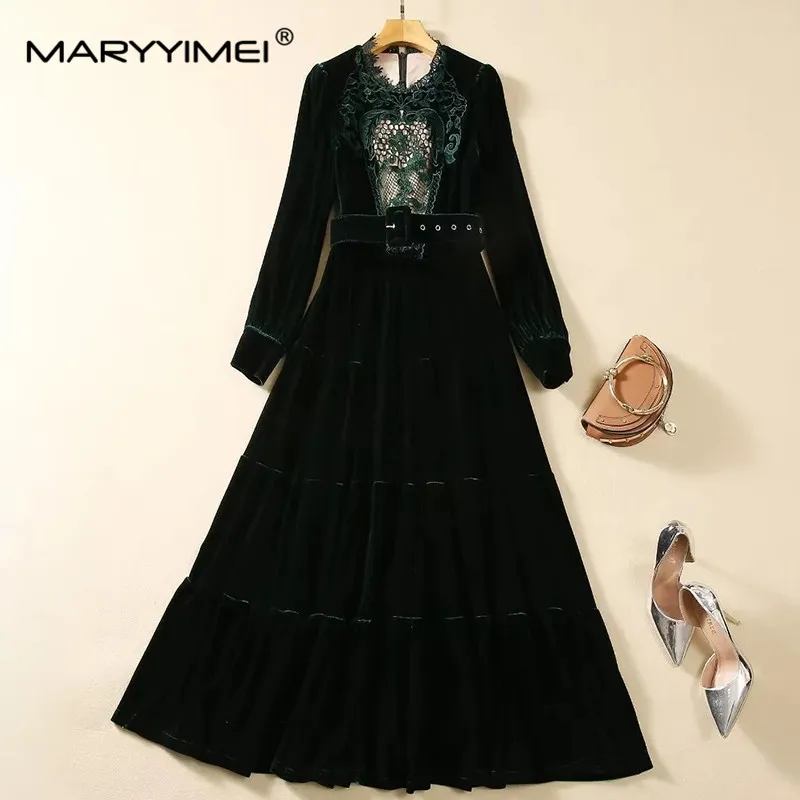 MARYYIMEI Fashion Autumn Winter Women\'s dress Long sleeved Lace Hollowed out embroidery Belt Vintage velvet Dresses