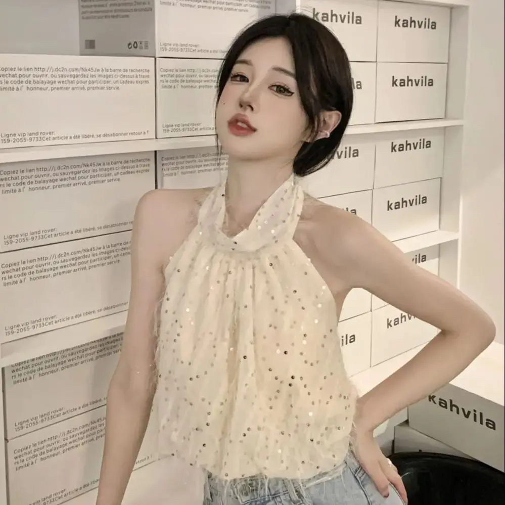 

Sequin Hanging Neck Camisole Backless Sexy Sweet Lady Retro Tops All-Match Creativity Personality Holiday Summer Korean Style