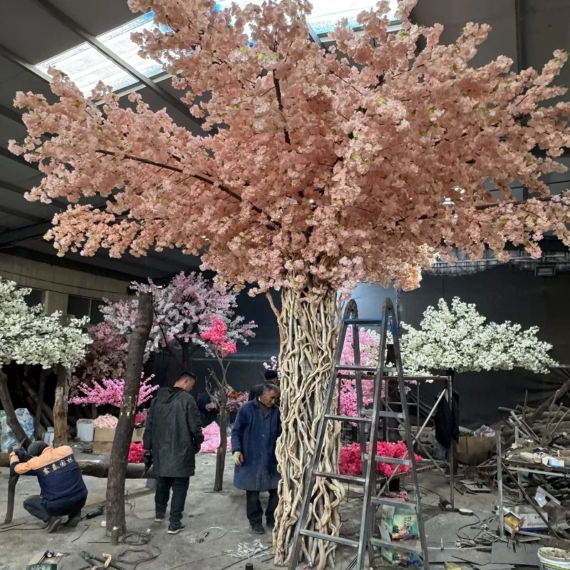 Árbol de simulación de árbol de flor de cerezo, árbol de flor de melocotón, deseos, ventana falsa para interiores y exteriores, fondo de transmisión en vivo Int