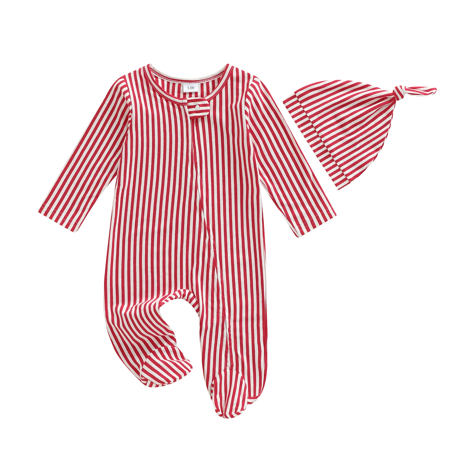 ViSgogo Baby Long Sleeve Romper with Matching Hat Infant Striped Print Zip Up Bodysuit Newborn Jumpsuit for Baby Boys Girls