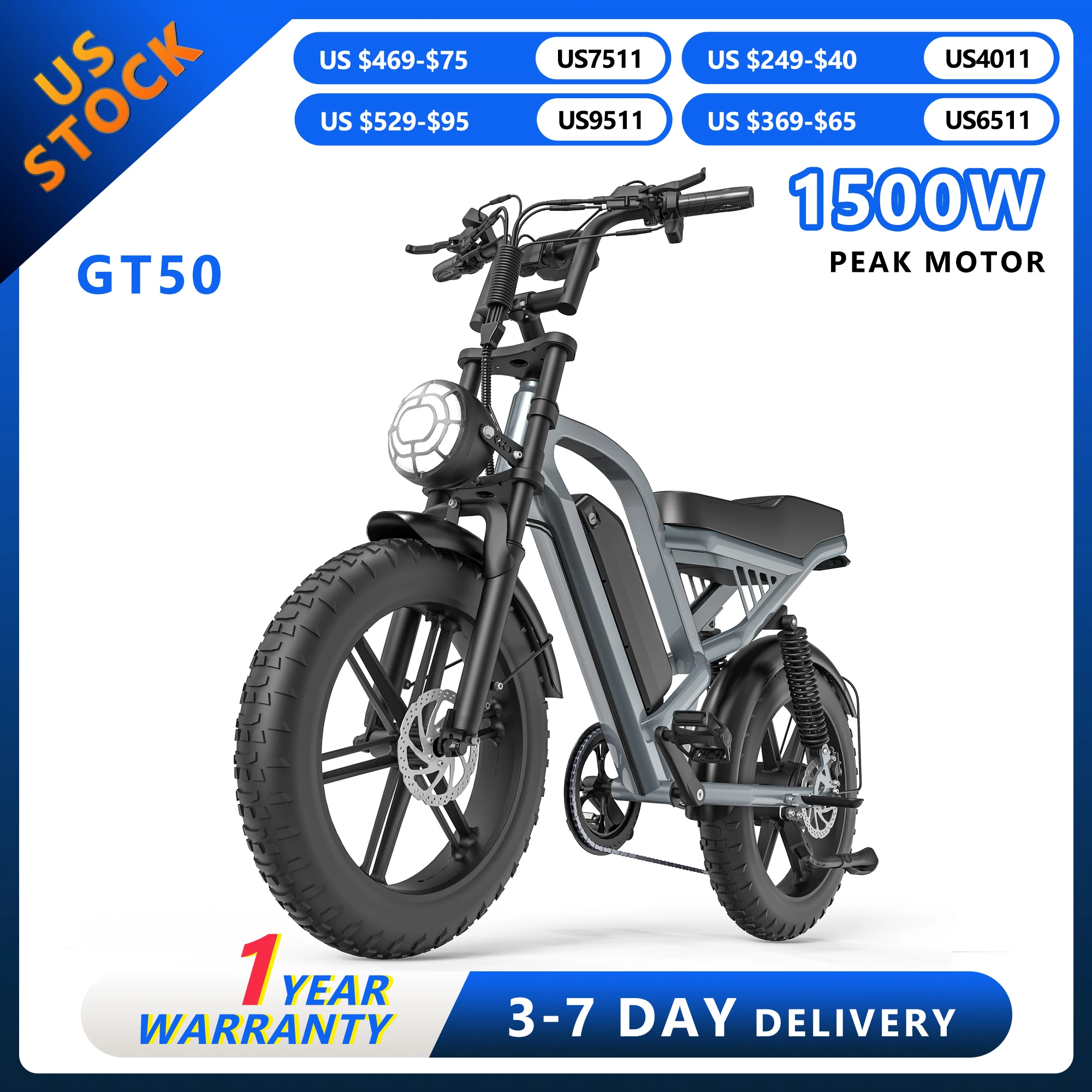 

Hugtoday Electric Bicycle 1500W PEAK Motor 48V Lithium Battery GT50 Electric Bike Hydraulic Brake 20*4.0 Inch Fat Tire E-bike