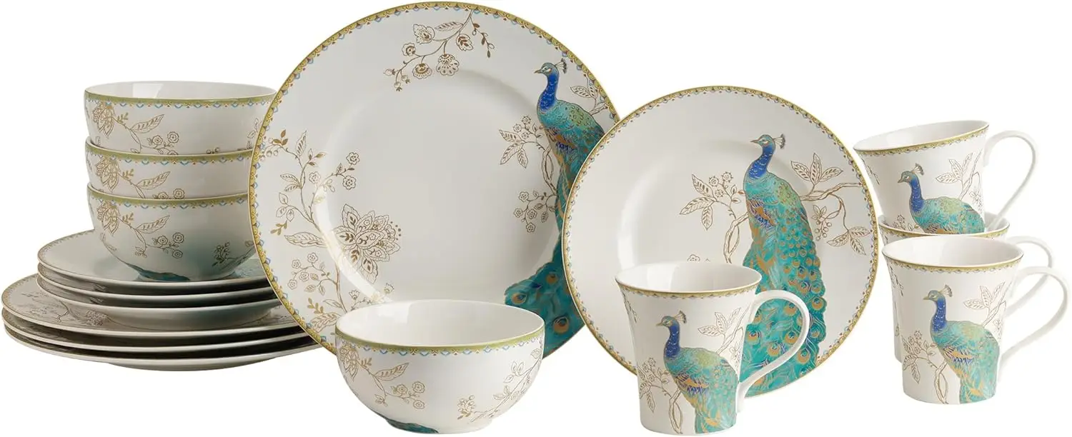 

16-Piece Porcelain Dinnerware Set for 4, Elegant Plates and Bowls Sets-White, Teal, Gold Ceramic Dishes, Chip Proof Kitchen and