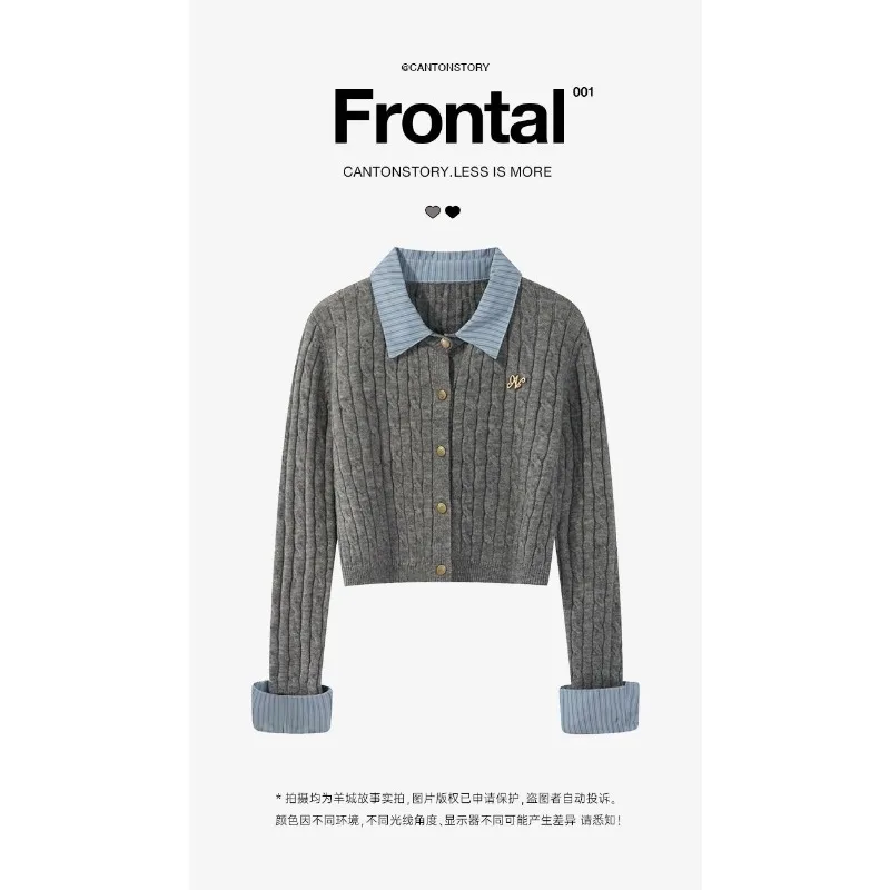 Поддельный двухсекционный свитер с длинными рукавами и воротником-поло для женщин, осенне-зимний простой короткий универсальный топ в студенческом стиле