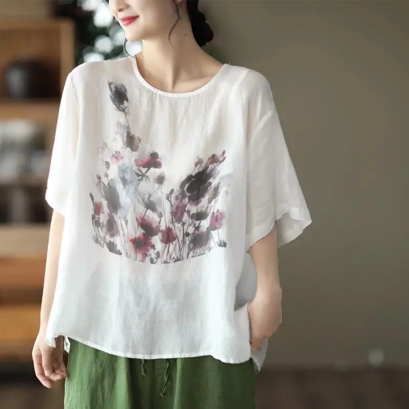 Women Summer Simplicity Loose Elegant Printing Cotton and Linen O-neck Short Sleeve T-Shirt Ladies Casual Appear Thin Top Tee