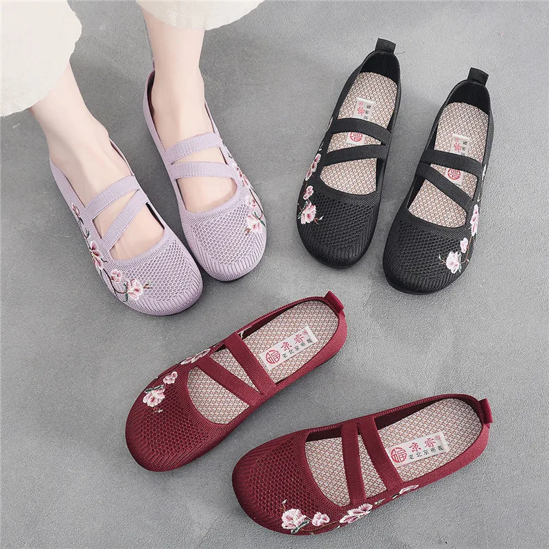 Grandma flats casual knitted mary jane shoes for women summer breathable loafers soft lavender flats woman double strappy shoes