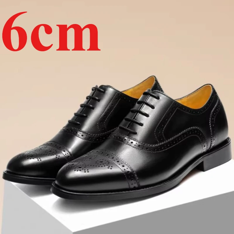 Oxford Height-increasing Shoes Men's Dress Shoes 6 Elevator Business Breathable Calfskin Leather Engraved Wedding Derby Shoes