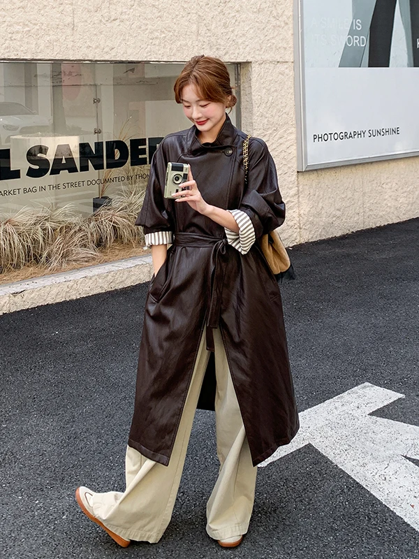 Women's PU Leather Jaet Coat Medium Length Spring Autumn 2025 New ular High-End Feel Commute Sle Long Sve Coat