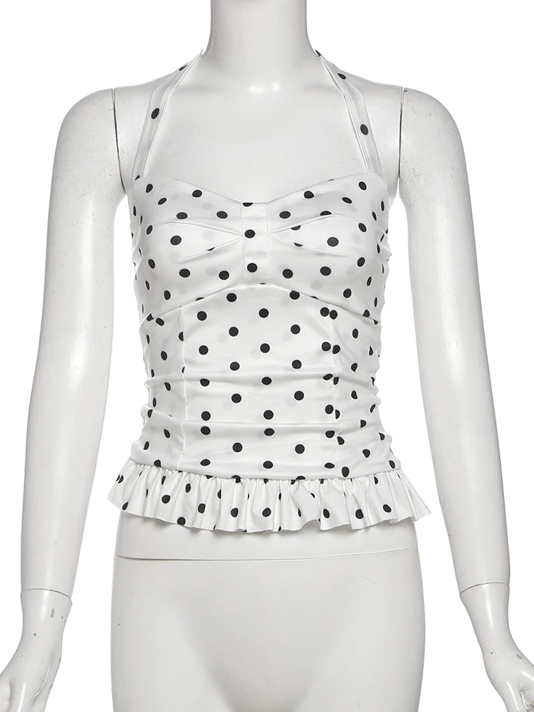 Haut imprimé chat étrange à pois pour femmes, col bas, à volants, dos nu, sans manches, slim, tendance d'été, gilet de base de rue