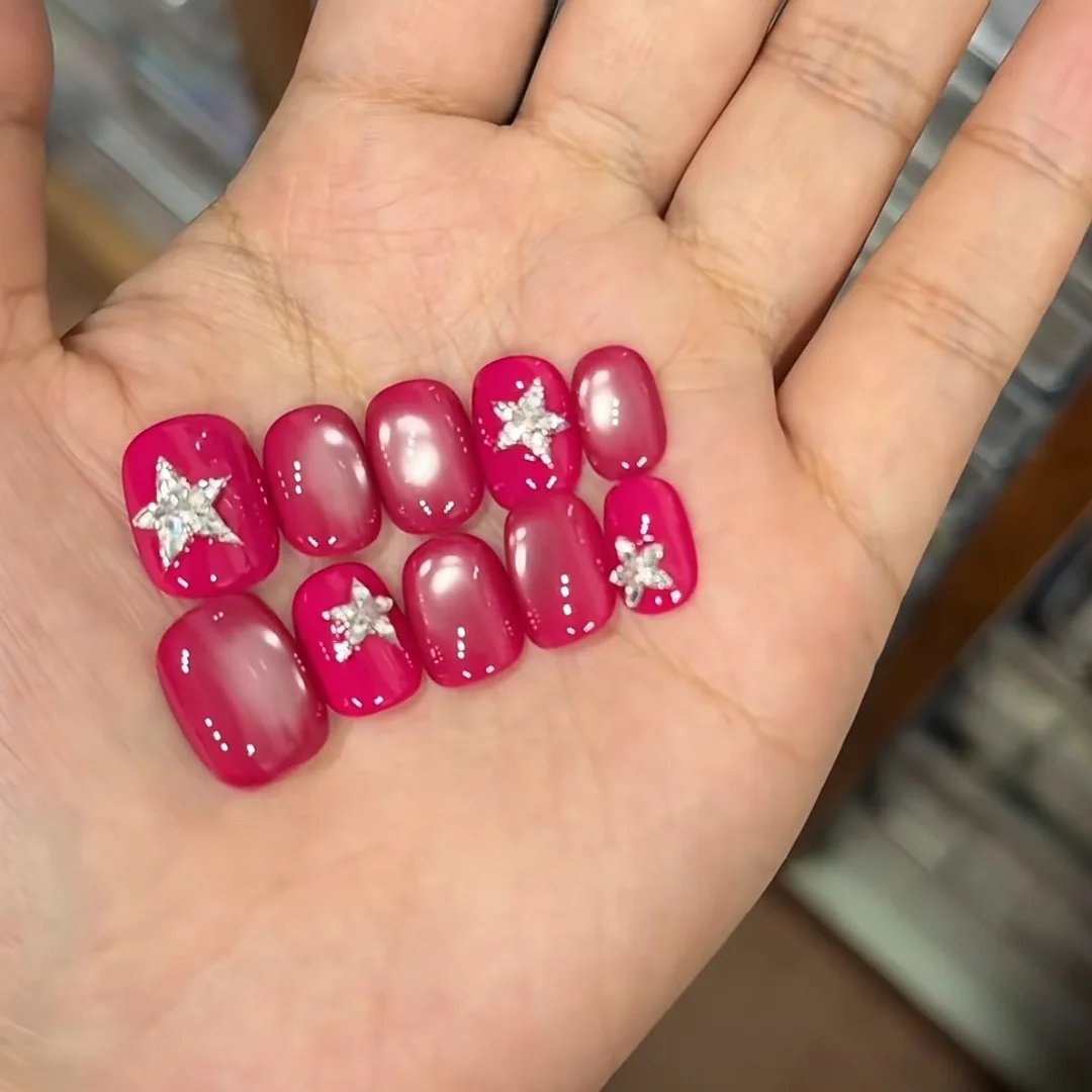 

10pcs Handmade Short Y2K Press On Nails Rose Pink Cat Eye Starlight Diamond Design Fake Nails Wearable Nails Art Tips Spice Girl