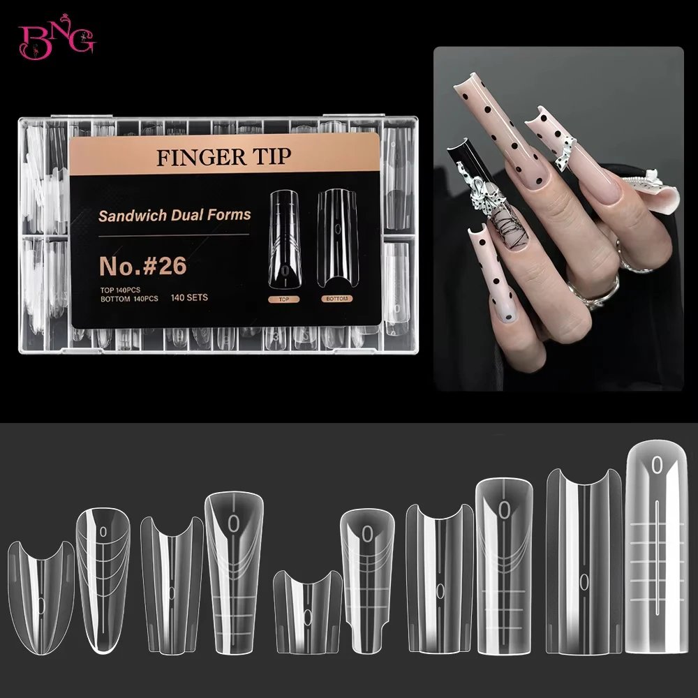 

BNG 140/280Pcs Sandwich Nails Dual Forms Nail Mold for Quick Nails Extension 14 Sizes Plastic Nail Form Tools