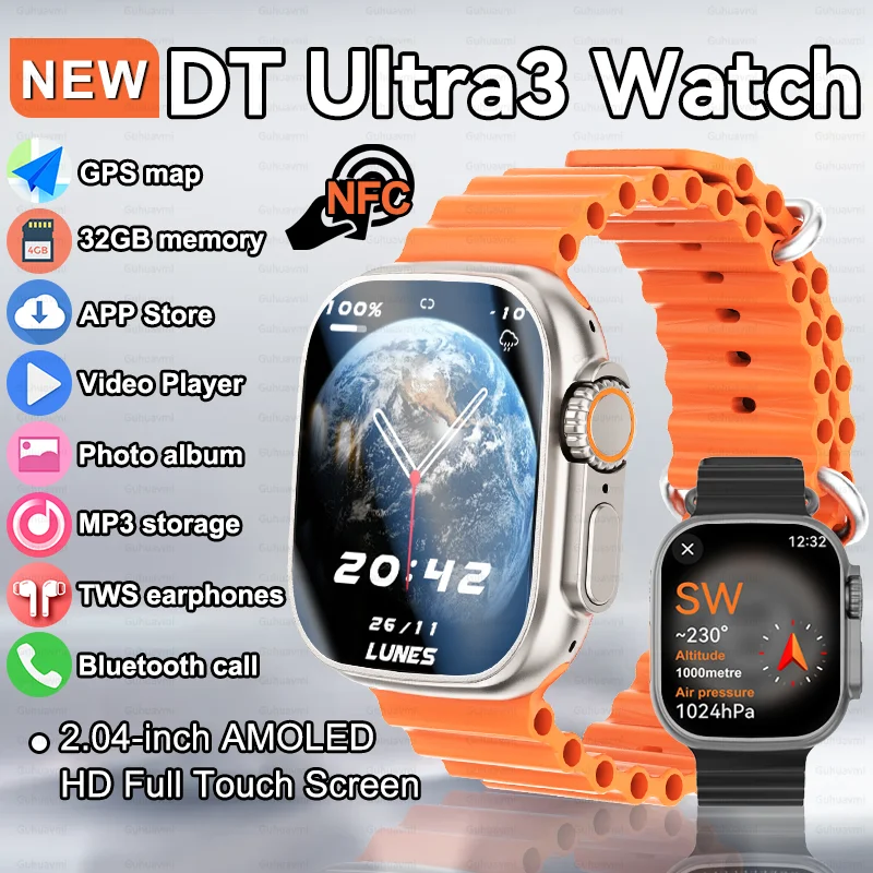 

Новые умные часы серии UItra3 с GPS-картой, 32 ГБ памяти, приложение, магазин видеоплеер, альбом NFC, Bluetooth-вызов, мужские спортивные умные часы для IOS