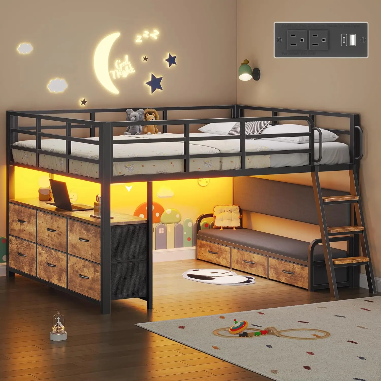 Full Size Low Loft Bed with Desk and 9 Storage Drawers, Rustic Brown | Loft Bed Full Size with 15.8
