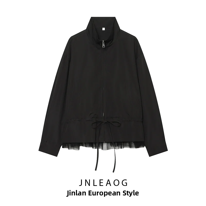 JNLEAOG Casual Style Mesh Splicing Short Coat for Women Comfortable Daily Wear Polyester Fiber Long Sleeve Zipper Closure