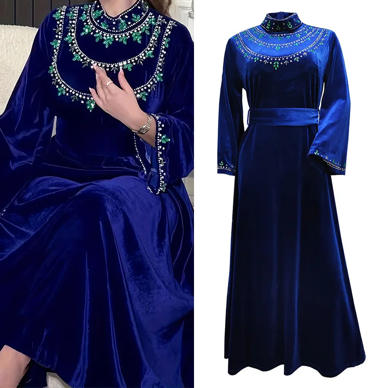 

Новый зимний халат в Саудовской Аравии, зеленое бархатное длинное платье с бриллиантовой молнией и горячими бриллиантами, облегающее облегающее платье для путешествий