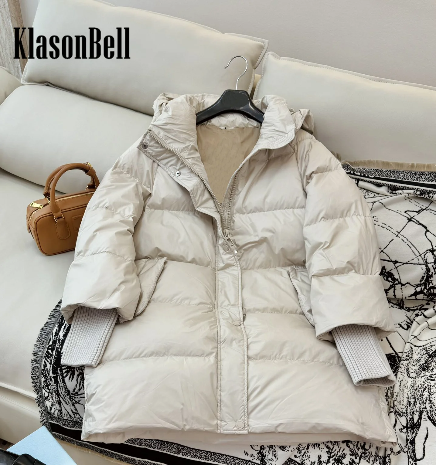 9.5 KlasonBell Women Fashion Casual Ribbed Knit Long Sleeve Spliced Design Hooded Mid-Length White Goose Down Outerwear