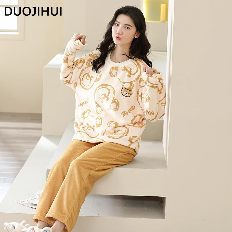 Duojihui Chique Print Eenvoudige Eenvoudige Pyjama 'S Voor Dames Klassieke Lange Mouwen Top Casual Broek Winter Flanellen Zachte Dames Pyjama Set