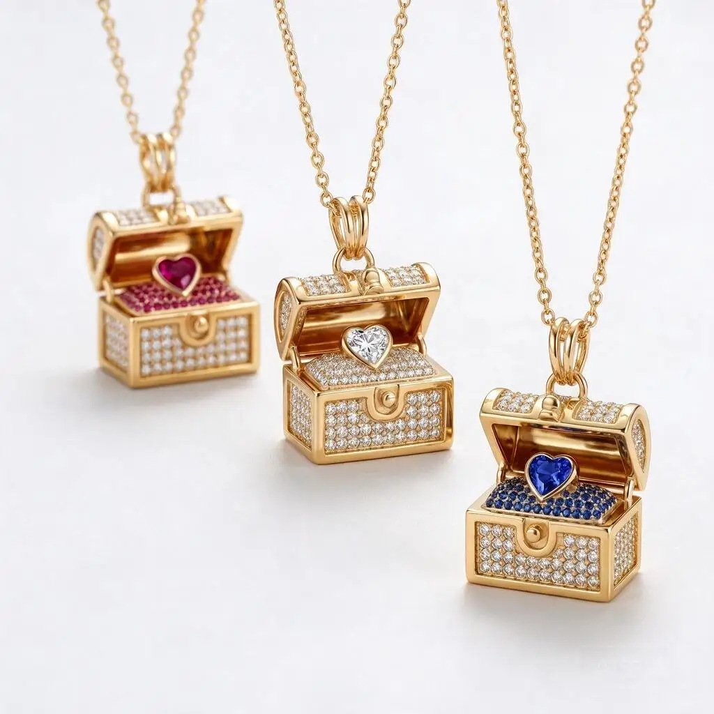 Vintage Openable Treasure Chest Locket Necklace Fully Paved Rhinestone Gold Plated Brass Choker With Hidden Heart Colored Zircon