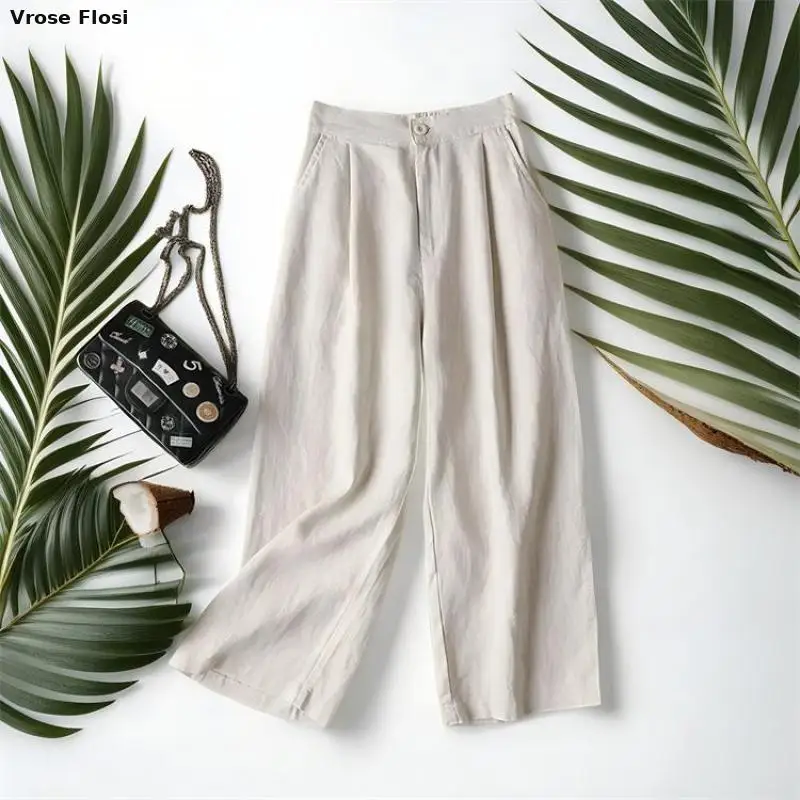 

New Cotton And Linen Pants Women Summer Ladies Retro Solid Color Wide Leg Loose Straight Leg Slender Casual Pants Women Trousers