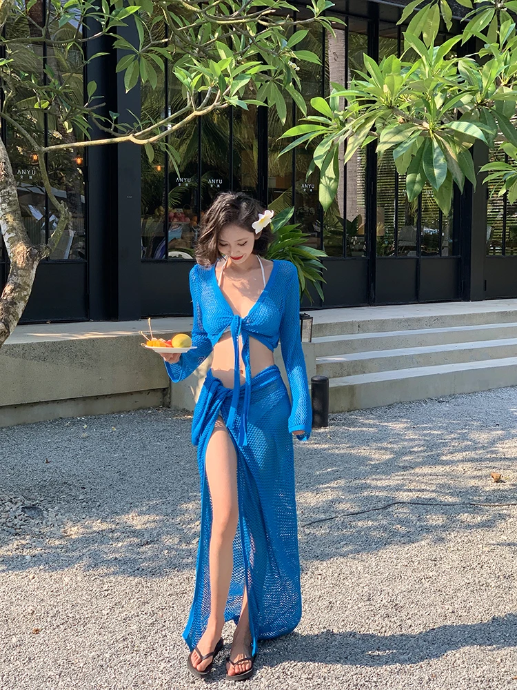 

Island Store Blue Knitted Me Split ow Рисунок Бикини Vaion Одинаковая солнцезащитная юбка Сексуальная длинная свеч трапециевидной формы Dr