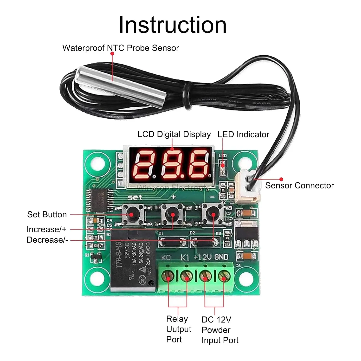 2PCS XH-W120912V DC Digital Temperature Controller Board LED Display Digital Thermostat Module with Waterproof Housing