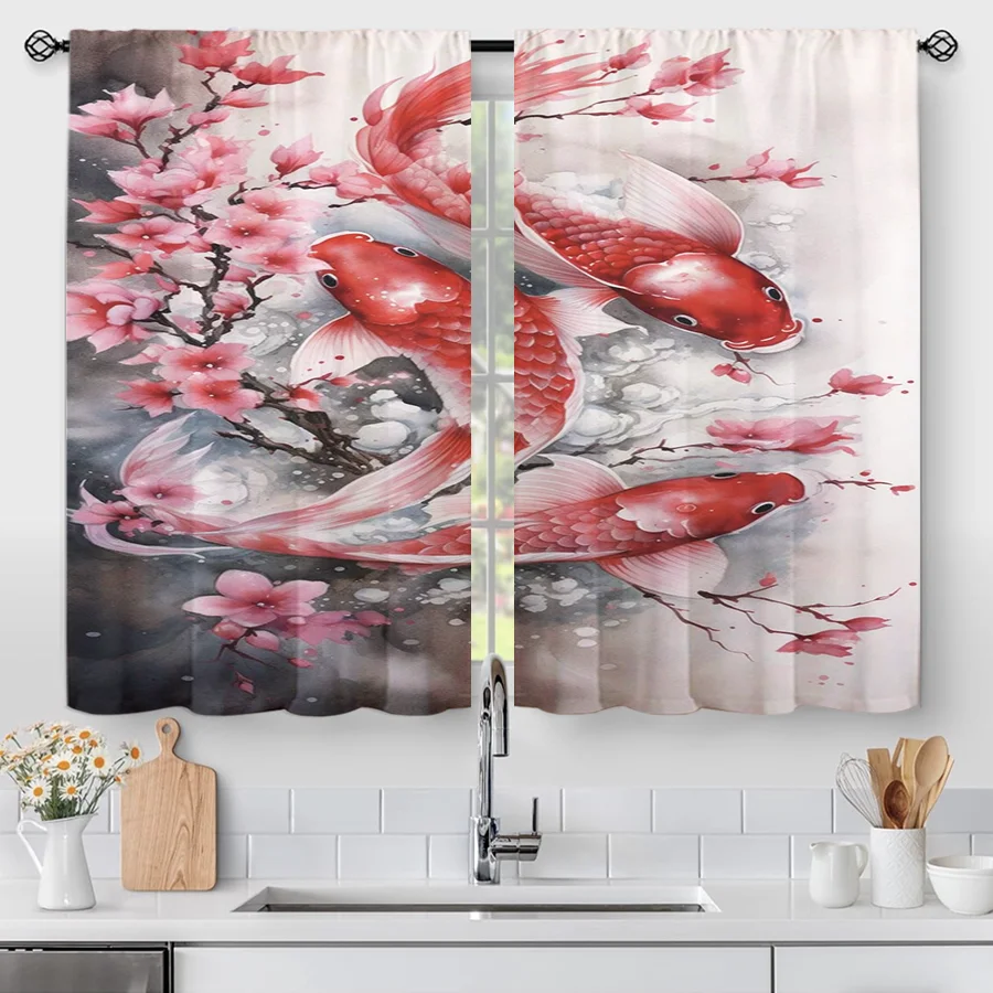 2PCS Watercolor Koi Fish Print Curtains, Japanese Cherry Blossom Ink Style Window Drapes for Bedroom Living Room Decor