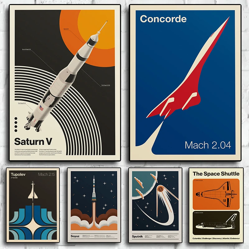 Space Shuttle Sputnik Minimalist Posters and Prints Canvas Printing Retro Abstract Wall Art Picture for Living Room Home Decor