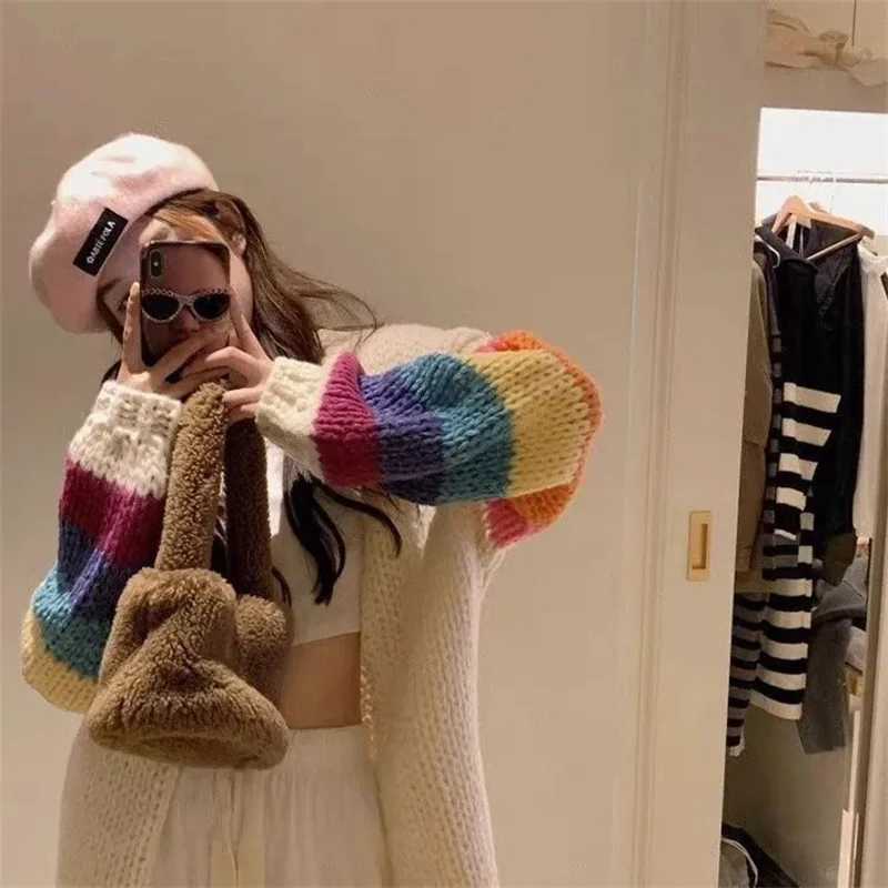 utumn and Winter 2023 New Top with Korean Slouchy Style Design and Unique Small Crowd Contrast Rainbow Knitted Sweater Cardigan