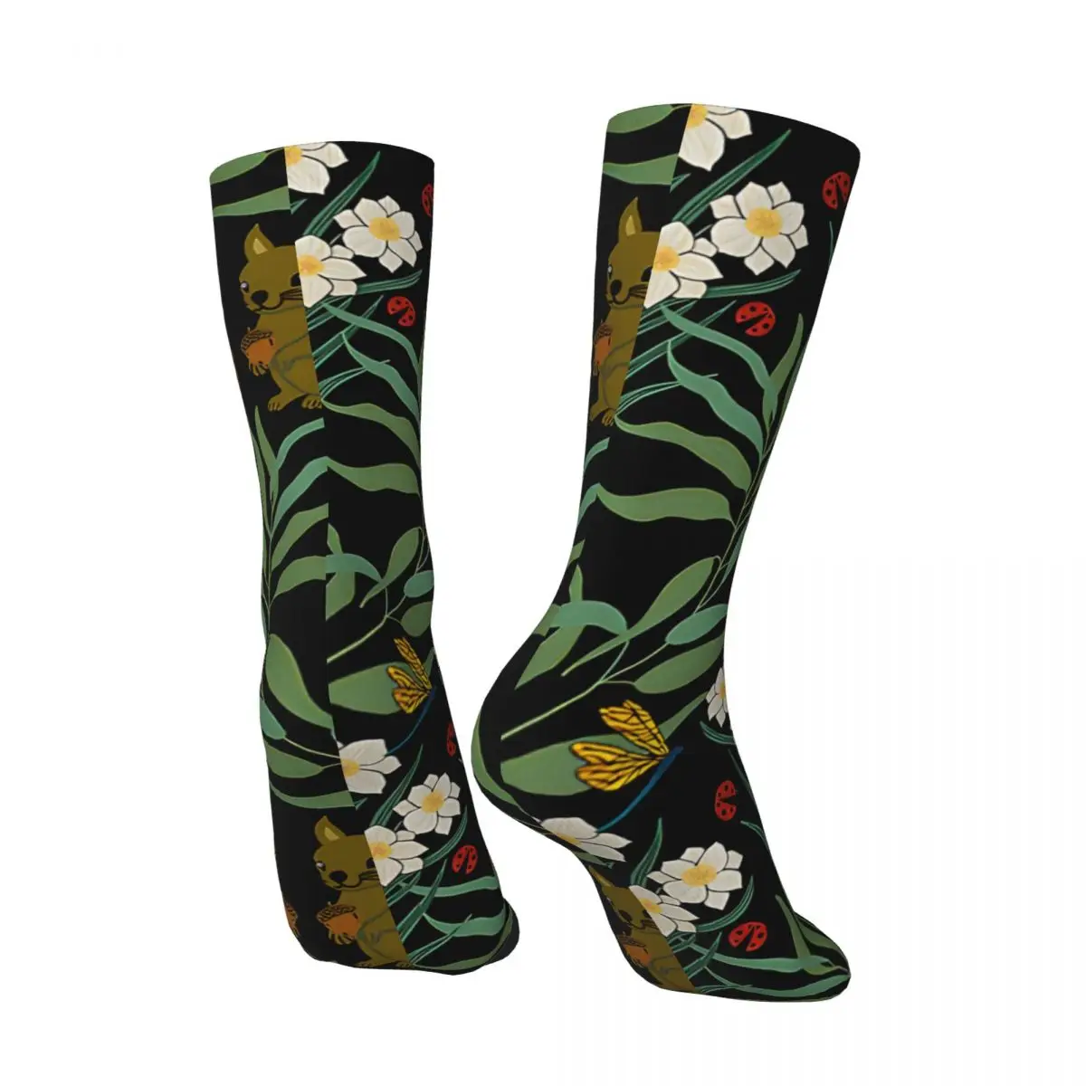 Beautiful Wildflower, Squirrel Butterfly, Dragonfly, Lady Bug Men's Socks Retro Harajuku Street Style Novelty Seamless Crew Sock