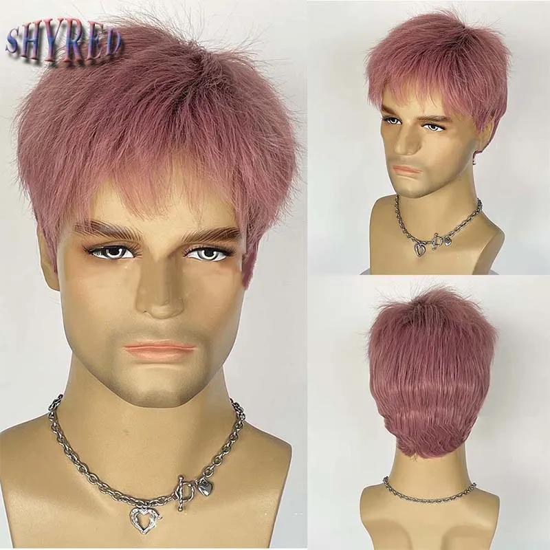 Men\'s Pink Synthetic Wig Natural Short Layered Wig Pixie Cut Hair Heat Resistant Fiber Fluffy Full Wig for Male