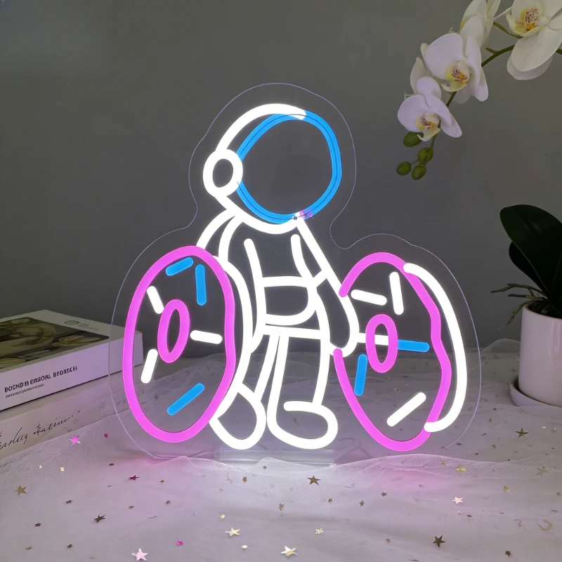

Astronaut Lifting Donuts Neon Sign LED Night Light Aesthetic Desk Lamp USB Wall Decor Kids Room Bedroom Gym Fitness Gift