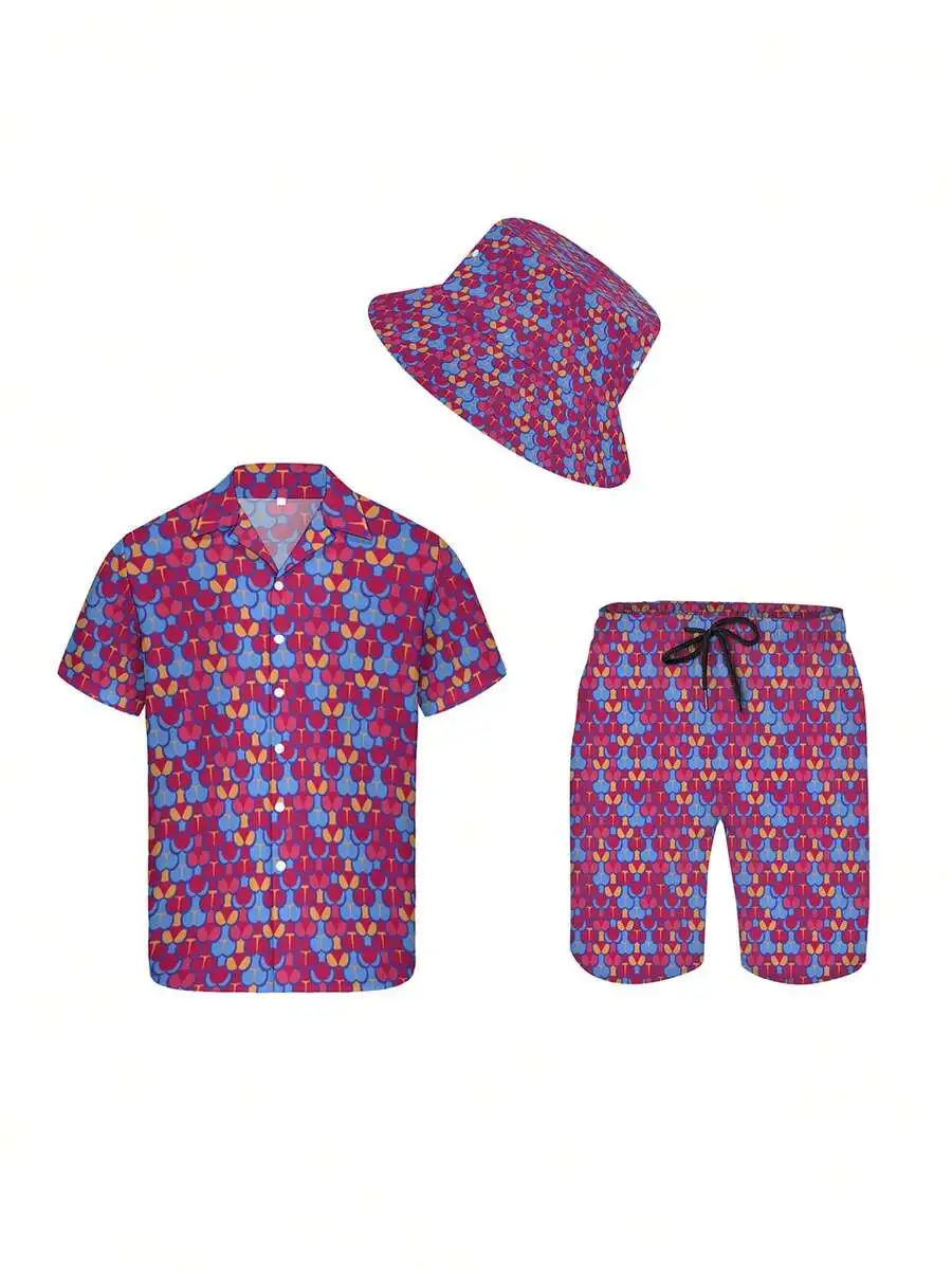 

Mens Hawaiian Shirt Short And Bucket Hat 3 Piece Set Casual Beach Vacation Outfit