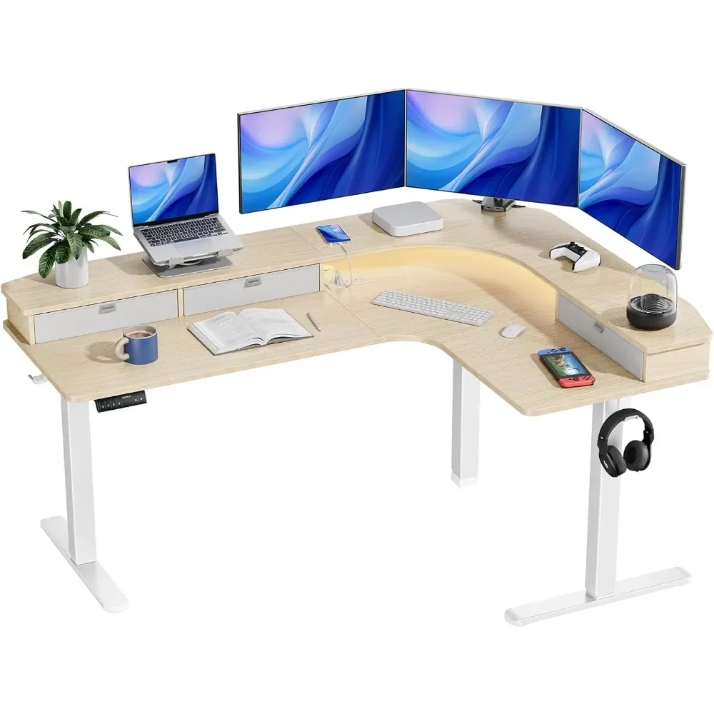 65″ L-Shaped Standing Desk with Power Outlets & LED Strip, Support C-Clamp Mount,Electric Height Adjustable Corner Computer Desk