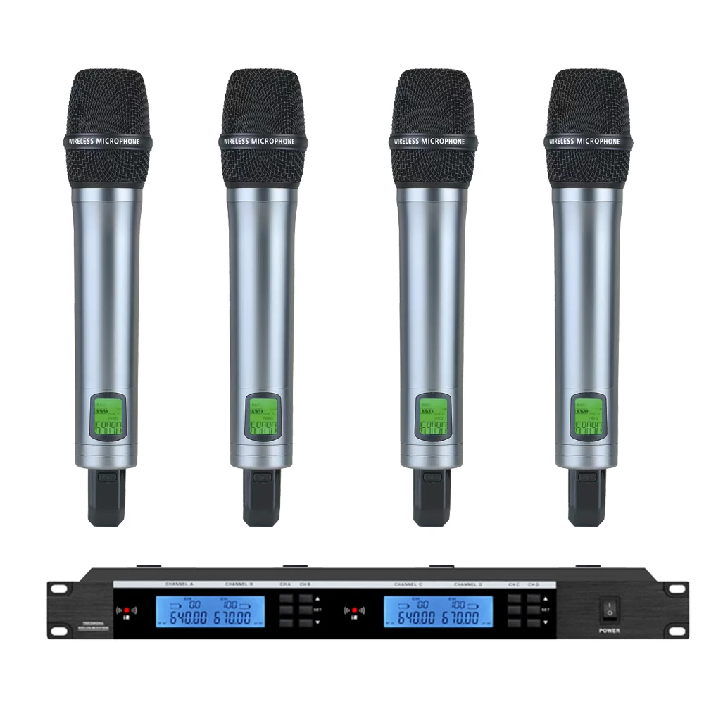 

MiCWL E965-G4 4 Channel Handheld Wireless Microphone System 4 Cardioid Dynamic Hand Stage DJ Karaoke Microphones