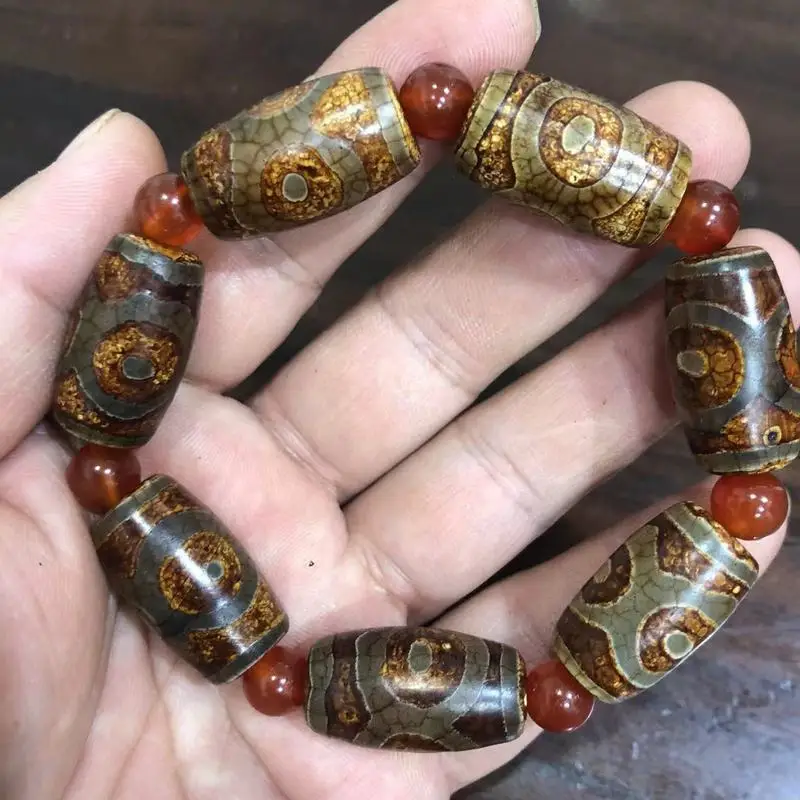 Wholesale -style vintage distressed three-eye dzi , Tibetan weathered old agate barrel bead bracelet