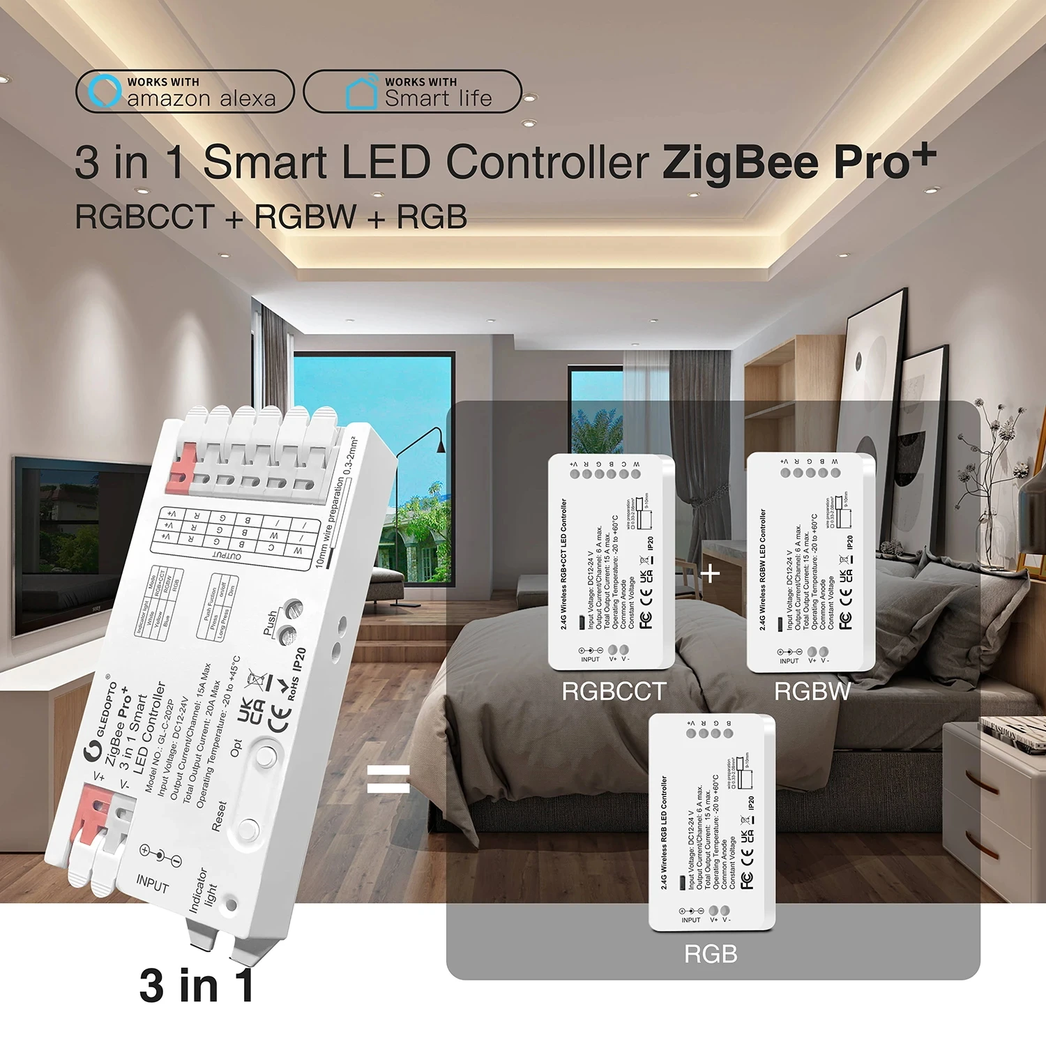 

GLEDOPTO ZigBee 3.0 Pro+ 3 in 1 RGBCCT/RGBW/RGB LED Strip Light Controller DC12V-24V 20A Max