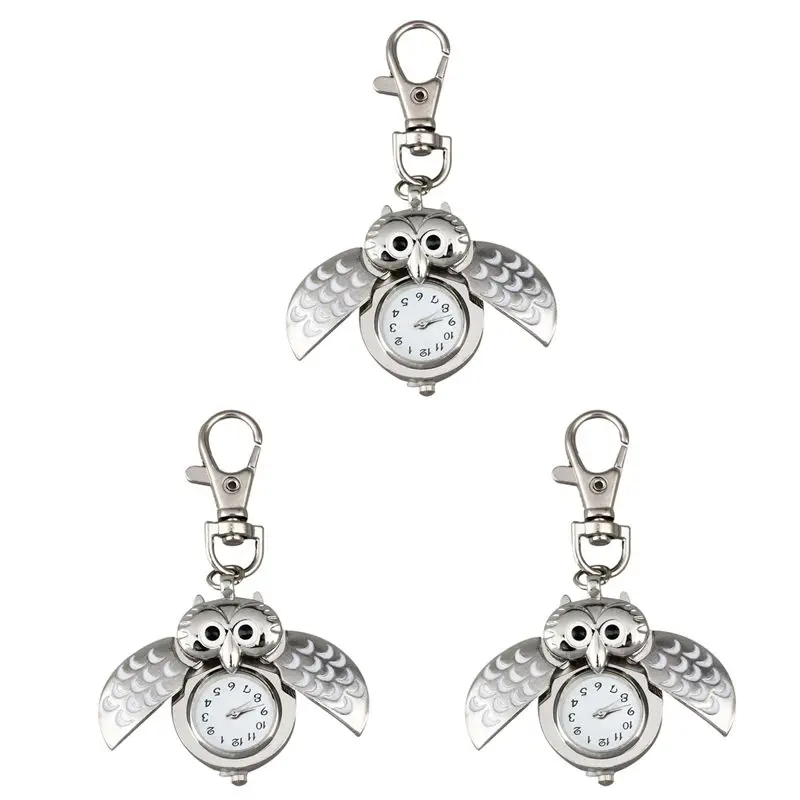 A95D-3X Owl Pocket Watch With Key Chain 40 X 25 Mm Silver