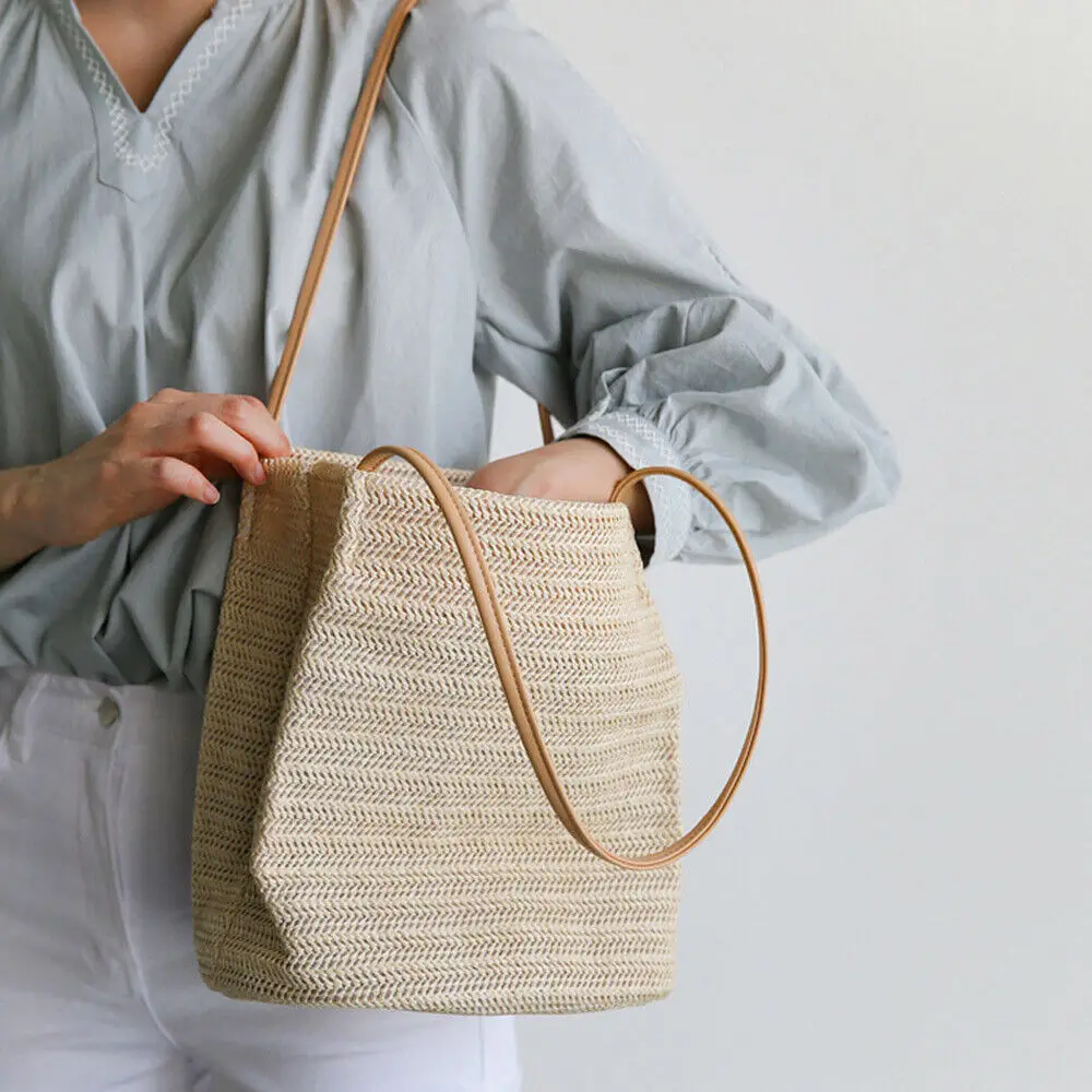 ISKYBOB Summer Straw Bag Rattan Wicker Handbag Crossbody Tote Beach Shoulder Bag Brand Designer Large Capacity Eco Shopping Bag