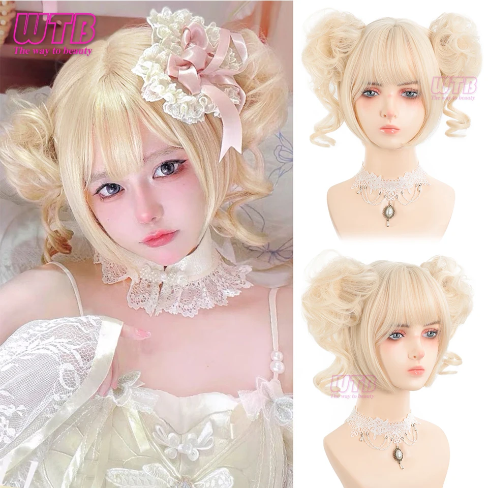 Synthetic Wig Princess Cut Double Chignon Lolita Wig with Bangs Wig Girl Cute Blonde Cosplay Halloween Harajuku Wig