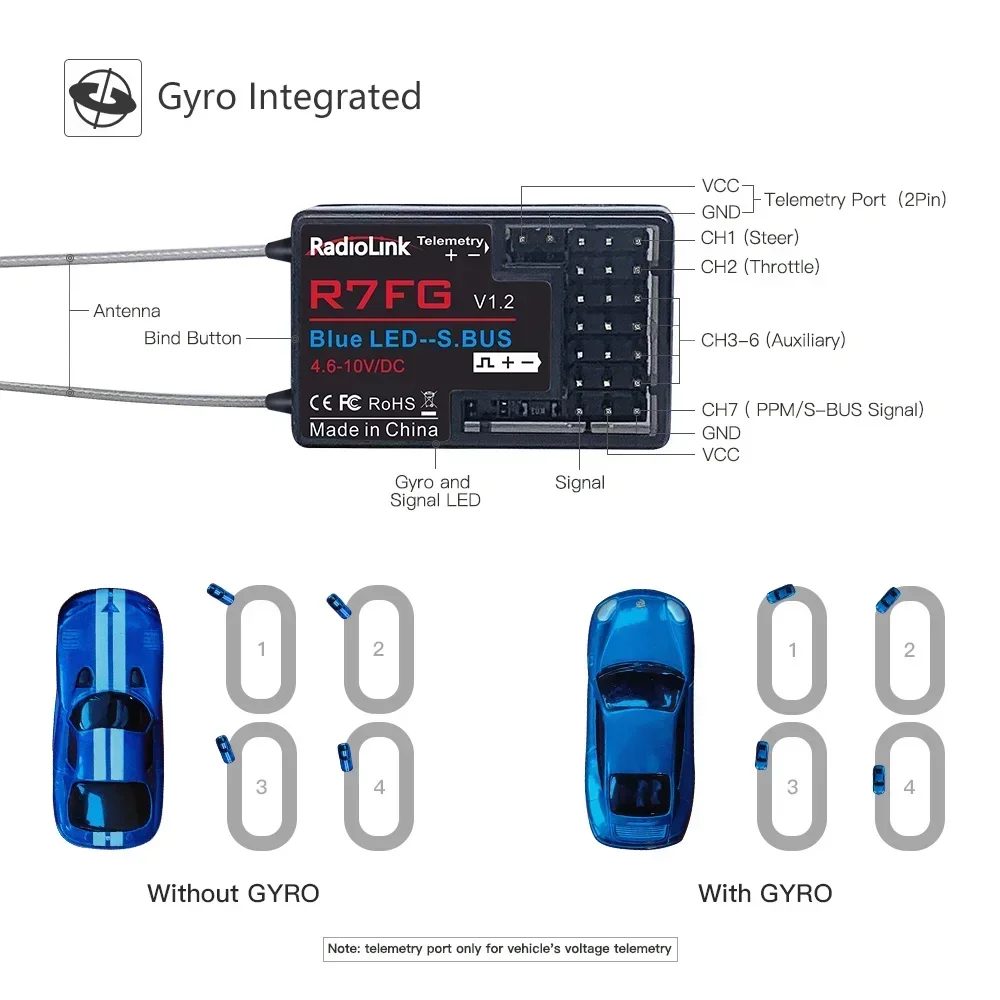 Immagine 7: Radiolink RC6GS V3 2.4G Trasmettitore radio a 7 canali per barca per auto RC con ricevitore R7FG Telemetria giroscopica telecomando incluso