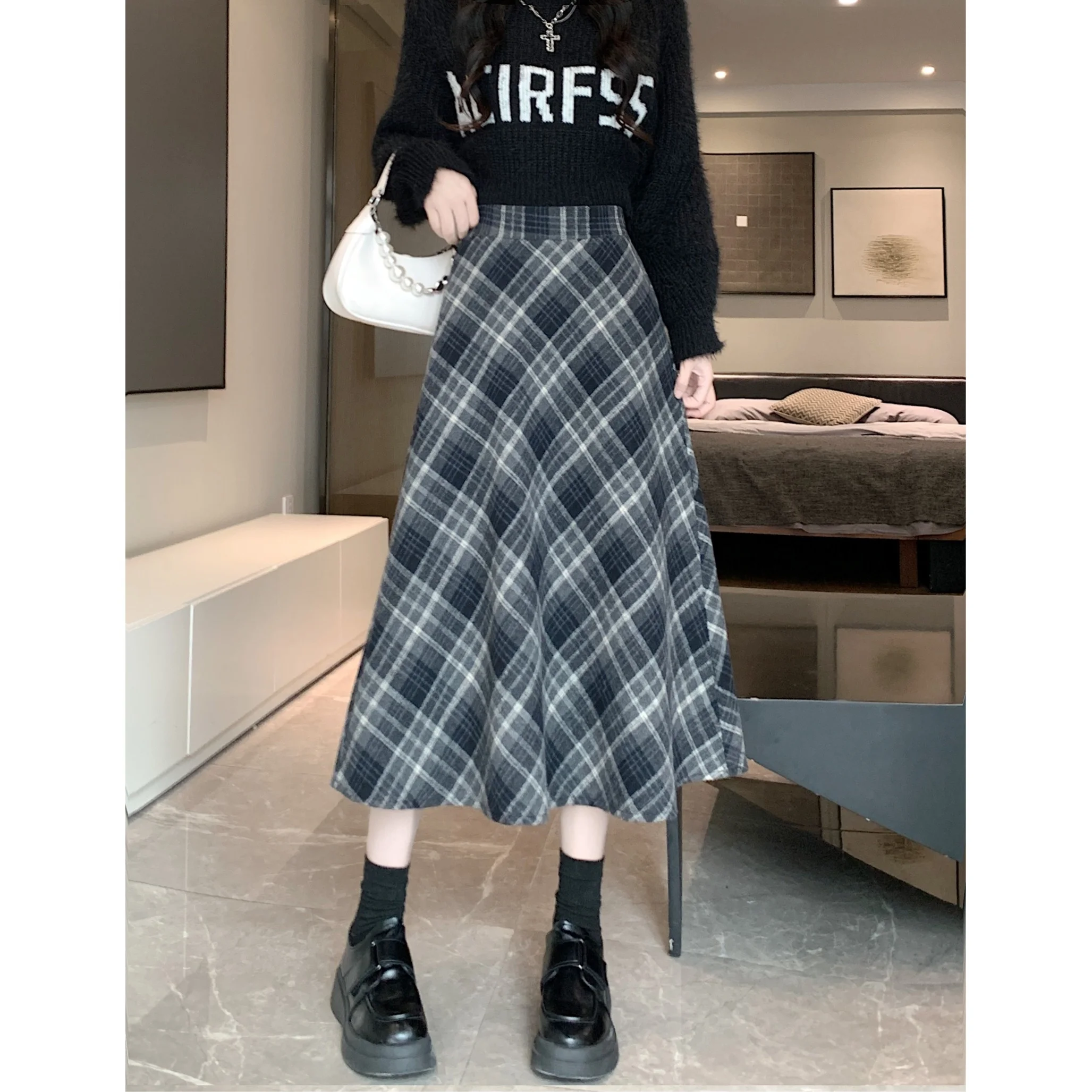 plus Size Winter High Waist Plaid Midi Skirt Women's Korean Style Woolen A-Line Half-length Skirt Fashionable And Slimming