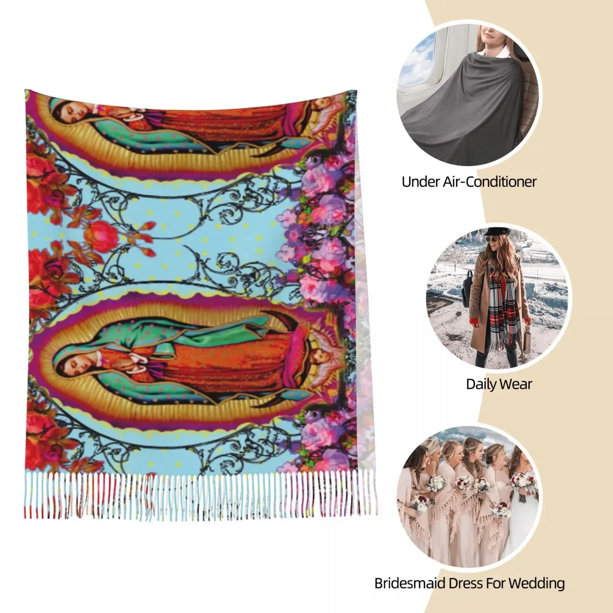 Christian Catholic Scarf for Womens Fall Winter Pashmina Shawls and Wrap Virgin Mary Long Large Scarves with Tassel