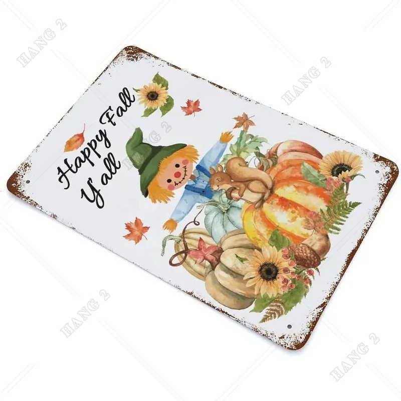 Happy Fall Pumpkin Scarecrow Seasonal Thanksgiving Metal Tin Sign Metal Signs Vintage Happy Fall Y'all Retro Metal Tin