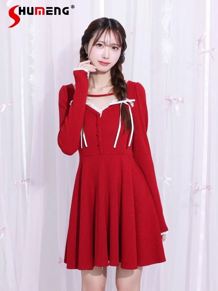 

Japanese Sweet Cute Lace Splicing Square Neck Long Sleeve Single-breasted High Waist A-line Knitted Princess Short Dress Women