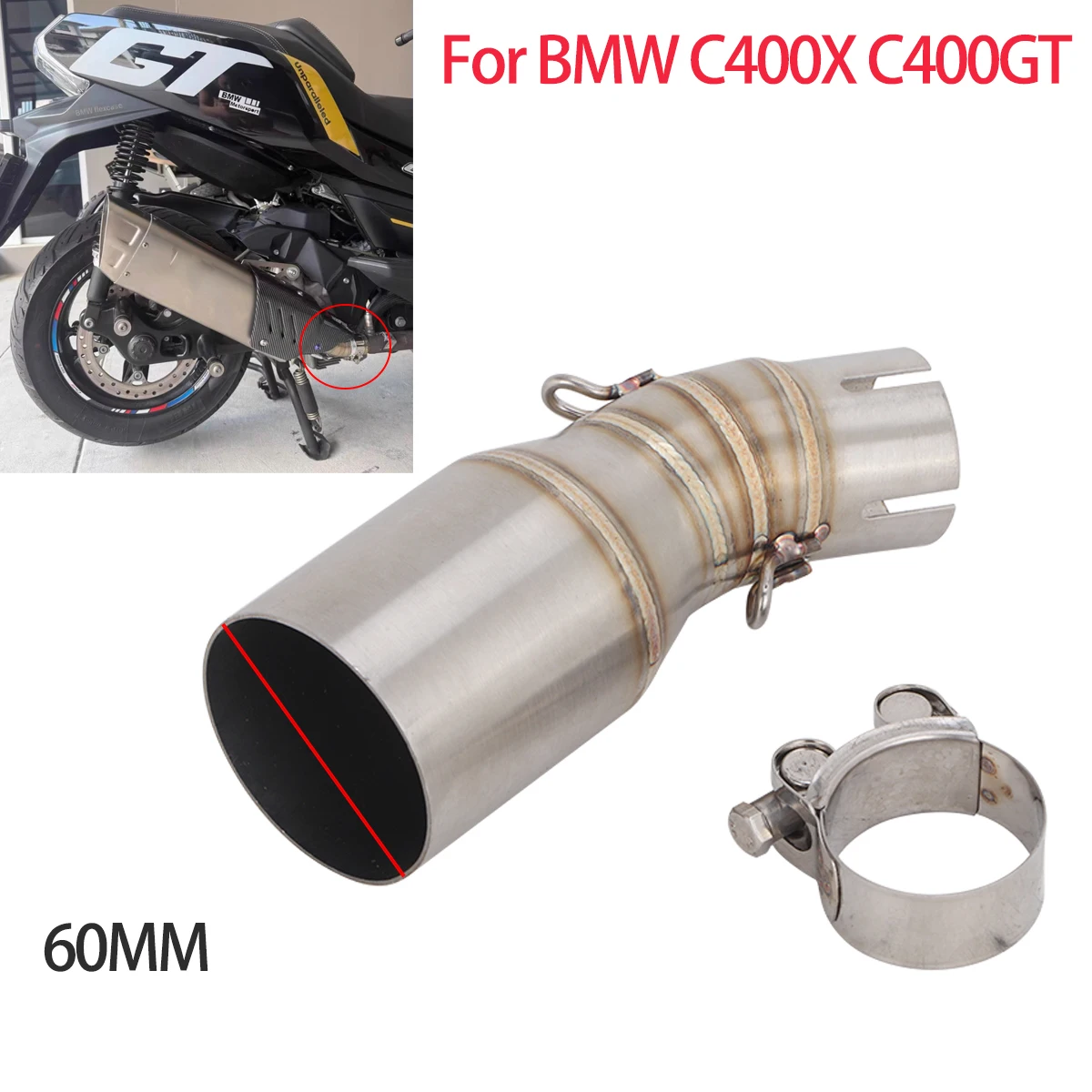 

Motorcycle Exhaust Middle Pipe 60MM Modified Exhaust Connector Tube For BMW C400X C400GT Scooter Muffler Mid Link Pipe