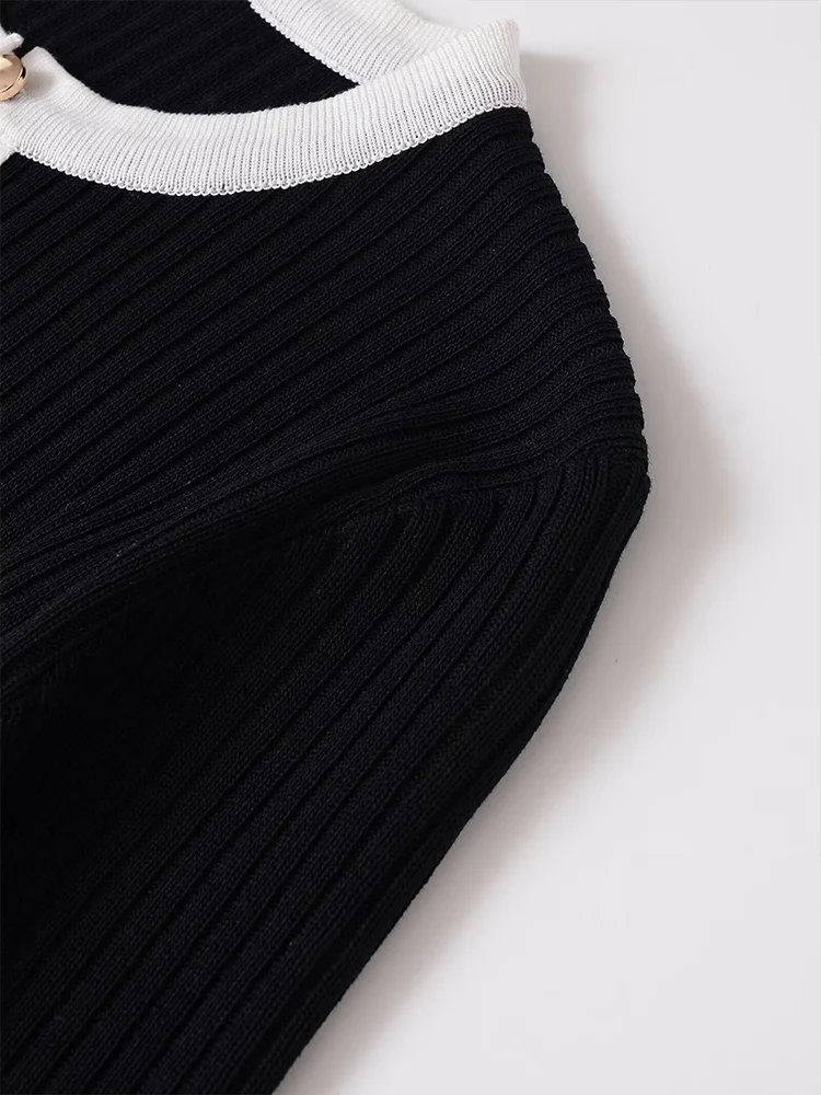 Giacca patchwork lavorata a maglia girocollo in colore a contrasto con temperamento tutto-fiammifero alla moda da donna in stile europeo