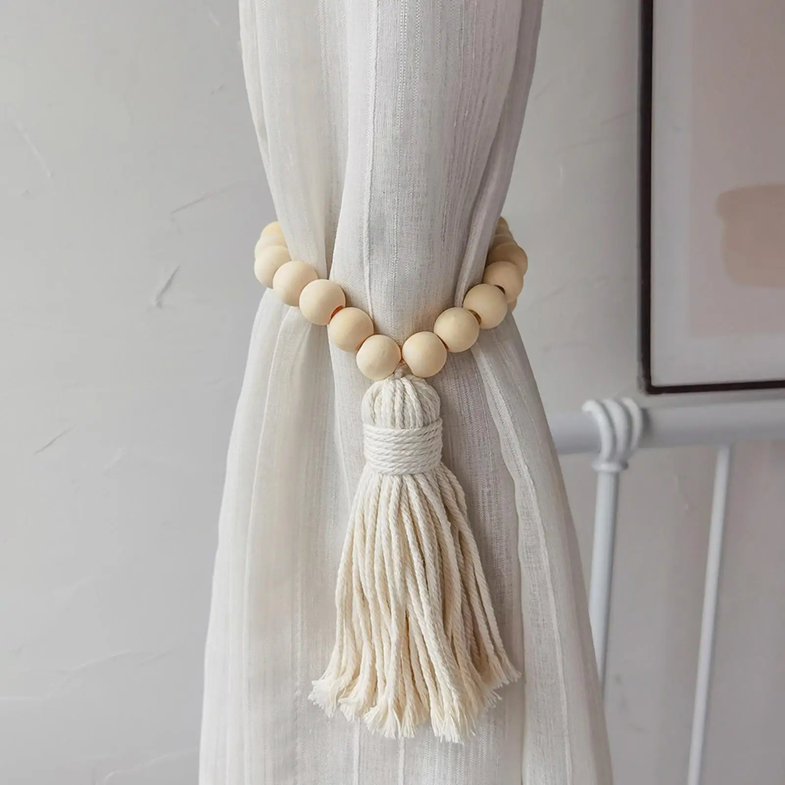 Natural Wood Bead Curtain Tiebacks Farmhouse Boho Window Treatment Drapes Holder