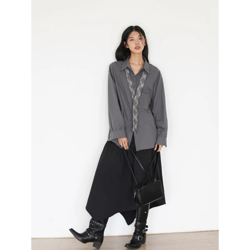 

College Style Spring and Autumn New Gray Long-sleeved Shirt Women's Design Niche Drape Top