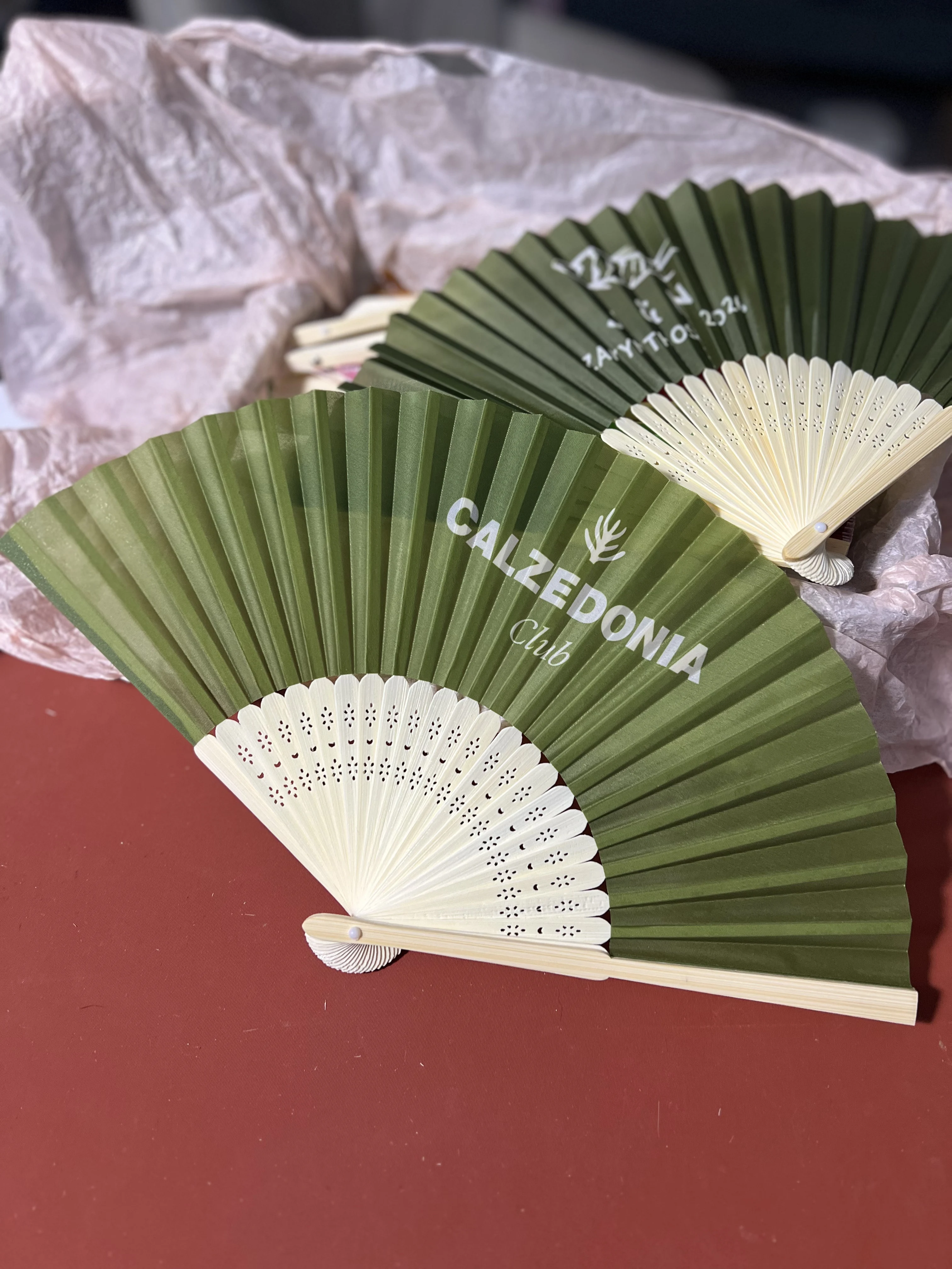100pcs Personalized Limited Silk Hand Fans In Sage/Olive Green, Initial/Monogrammed Wedding Fans, Party Favors